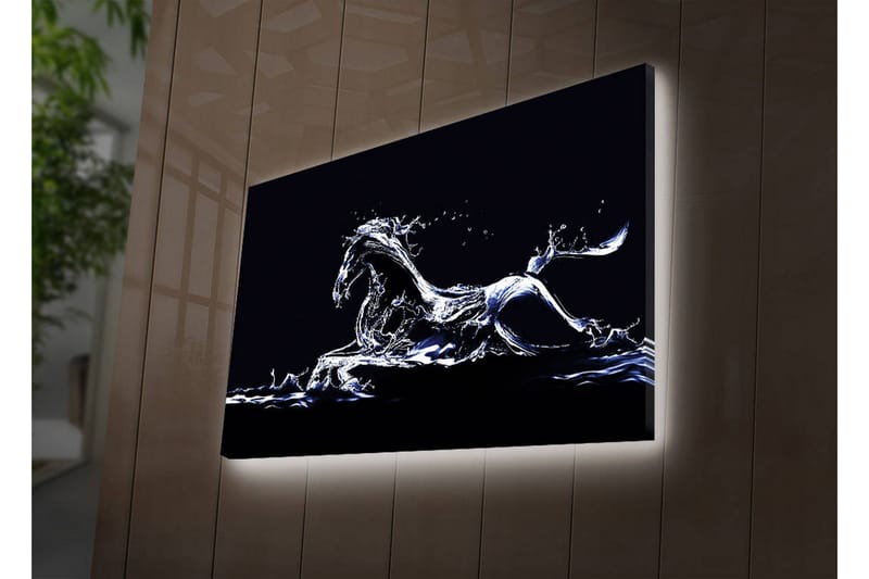 Lerretsbilde med LED-belysning 45x70 cm - Vannhest i dynamisk bevegelse - Blå / Hvit / Svart - Interiør - Maleri & posters - Lerretsbilder