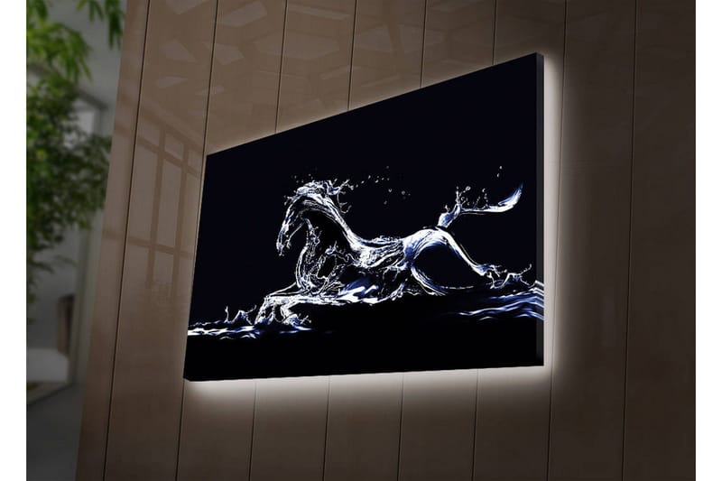 Lerretsbilde med LED-belysning 45x70 cm - Vannhest i dynamisk bevegelse - Blå / Hvit / Svart - Interiør - Maleri & posters - Lerretsbilder