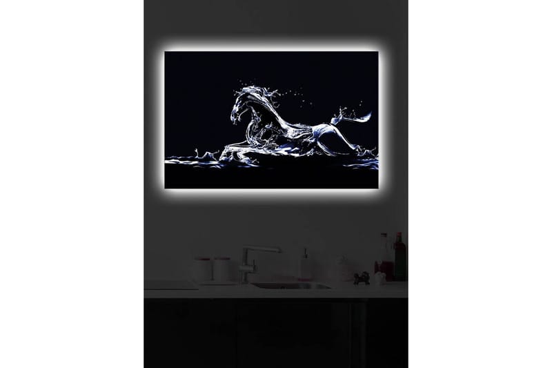 Lerretsbilde med LED-belysning 45x70 cm - Vannhest i dynamisk bevegelse - Blå / Hvit / Svart - Interiør - Maleri & posters - Lerretsbilder