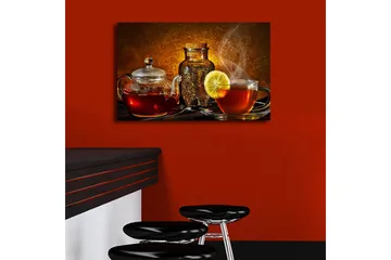 Lerretsbilde med LED-belysning 45x70 cm - Varmt og innbydende tesett med sitronskive - Rød / Brun / Gul - Interiør - Maleri & posters - Lerretsbilder