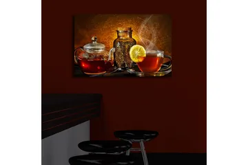 Lerretsbilde med LED-belysning 45x70 cm - Varmt og innbydende tesett med sitronskive - Rød / Brun / Gul - Interiør - Maleri & posters - Lerretsbilder