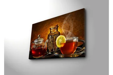 Lerretsbilde med LED-belysning 45x70 cm - Varmt og innbydende tesett med sitronskive - Rød / Brun / Gul - Interiør - Maleri & posters - Lerretsbilder