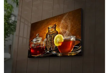 Lerretsbilde med LED-belysning 45x70 cm - Varmt og innbydende tesett med sitronskive - Rød / Brun / Gul - Interiør - Maleri & posters - Lerretsbilder