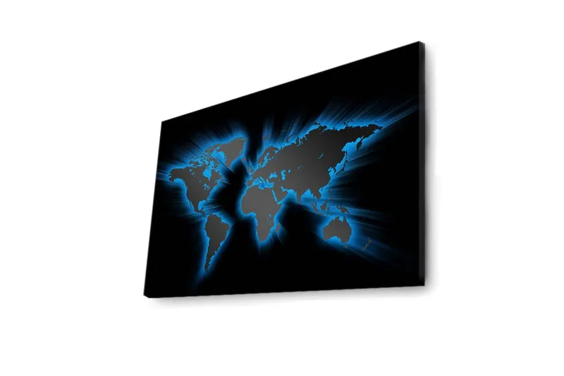 Lerretsbilde med LED-belysning 45x70 cm - Verdenskart med lyseblå konturer mot svart bakgrunn - Svart / Lys blå - Interiør - Maleri & posters - Lerretsbilder