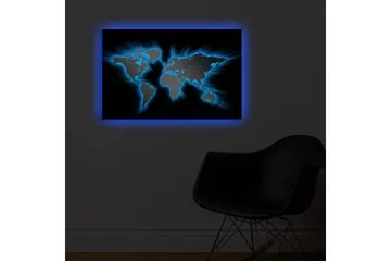 Lerretsbilde med LED-belysning 45x70 cm - Verdenskart med lyseblå konturer mot svart bakgrunn - Svart / Lys blå - Interiør - Maleri & posters - Lerretsbilder