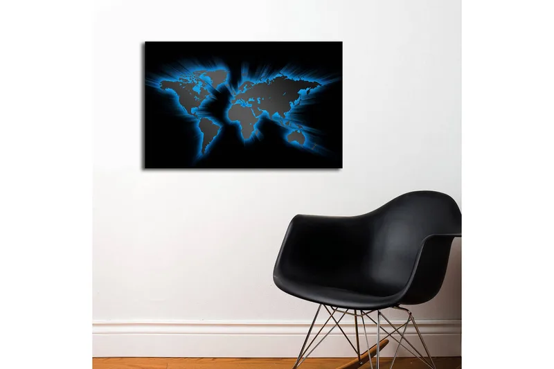 Lerretsbilde med LED-belysning 45x70 cm - Verdenskart med lyseblå konturer mot svart bakgrunn - Svart / Lys blå - Interiør - Maleri & posters - Lerretsbilder