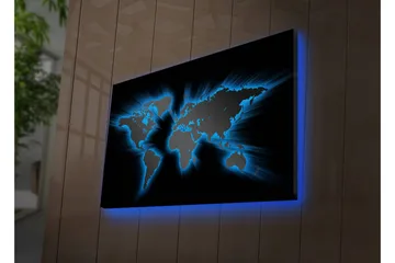 Lerretsbilde med LED-belysning 45x70 cm - Verdenskart med lyseblå konturer mot svart bakgrunn - Svart / Lys blå - Interiør - Maleri & posters - Lerretsbilder
