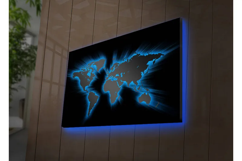 Lerretsbilde med LED-belysning 45x70 cm - Verdenskart med lyseblå konturer mot svart bakgrunn - Svart / Lys blå - Interiør - Maleri & posters - Lerretsbilder
