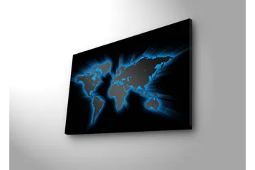 Lerretsbilde med LED-belysning 45x70 cm - Verdenskart med lyseblå konturer mot svart bakgrunn - Svart / Lys blå - Interiør - Maleri & posters - Lerretsbilder