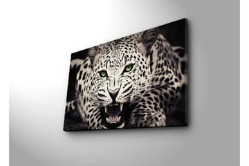 Lerretsbilde med LED-belysning 45x70 cm - Vill leopard med intenst blikk og åpen munn - Hvit / Svart / Grønn - Interiør - Maleri & posters - Lerretsbilder