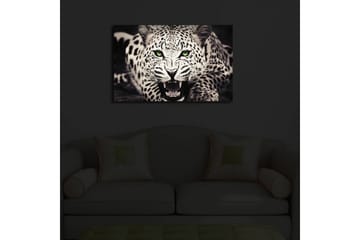 Lerretsbilde med LED-belysning 45x70 cm - Vill leopard med intenst blikk og åpen munn - Hvit / Svart / Grønn - Interiør - Maleri & posters - Lerretsbilder