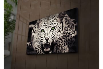 Lerretsbilde med LED-belysning 45x70 cm - Vill leopard med intenst blikk og åpen munn - Hvit / Svart / Grønn - Interiør - Maleri & posters - Lerretsbilder