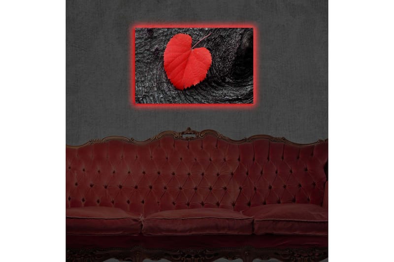 Lerretsbilde med LED-belysning 50x70 cm - Røde hjerteformede blader på en mørk treflate - Rød / Svart - Interiør - Maleri & posters - Lerretsbilder