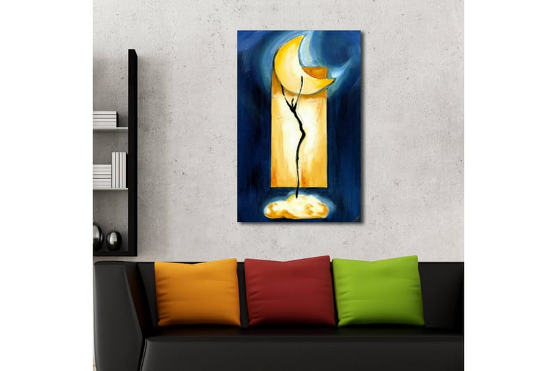 Lerretsbilde med LED-belysning 70x45 cm - Abstrakt komposisjon med en måne og en plantelignende form - Mørk blå / Gul / Svart - Interiør - Maleri & posters - Lerretsbilder