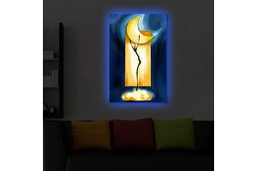 Lerretsbilde med LED-belysning 70x45 cm - Abstrakt komposisjon med en måne og en plantelignende form - Mørk blå / Gul / Svart - Interiør - Maleri & posters - Lerretsbilder