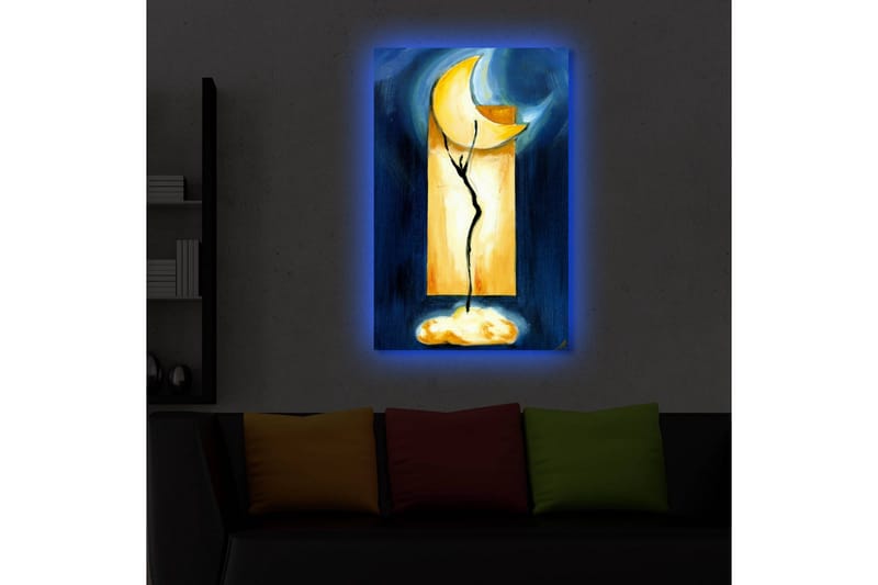 Lerretsbilde med LED-belysning 70x45 cm - Abstrakt komposisjon med en måne og en plantelignende form - Mørk blå / Gul / Svart - Interiør - Maleri & posters - Lerretsbilder