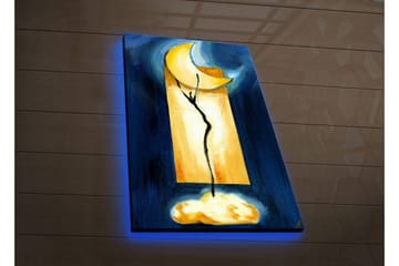 Lerretsbilde med LED-belysning 70x45 cm - Abstrakt komposisjon med en måne og en plantelignende form - Mørk blå / Gul / Svart - Interiør - Maleri & posters - Lerretsbilder