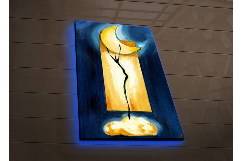 Lerretsbilde med LED-belysning 70x45 cm - Abstrakt komposisjon med en måne og en plantelignende form - Mørk blå / Gul / Svart - Interiør - Maleri & posters - Lerretsbilder