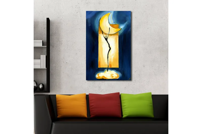 Lerretsbilde med LED-belysning 70x45 cm - Abstrakt komposisjon med en måne og en plantelignende form - Mørk blå / Gul / Svart - Interiør - Maleri & posters - Lerretsbilder