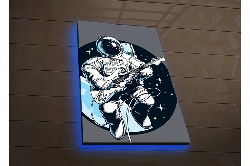 Lerretsbilde med LED-belysning 70x45 cm - Astronaut spiller gitar i rommet - Blå / Svart / Hvit - Interiør - Maleri & posters - Lerretsbilder