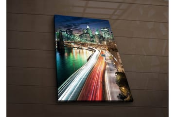 Lerretsbilde med LED-belysning 70x45 cm - Bylandskap med lysspill fra biler og bygninger ved en bro - Grønn / Blå / Rød - Interiør - Maleri & posters - Lerretsbilder
