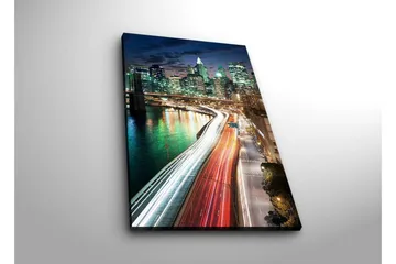 Lerretsbilde med LED-belysning 70x45 cm - Bylandskap med lysspill fra biler og bygninger ved en bro - Grønn / Blå / Rød - Interiør - Maleri & posters - Lerretsbilder