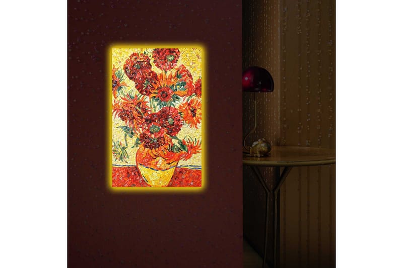 Lerretsbilde med LED-belysning 70x45 cm - Fargerik bukett med solsikker i en vase - Rød / Gul / Grønn - Interiør - Maleri & posters - Lerretsbilder
