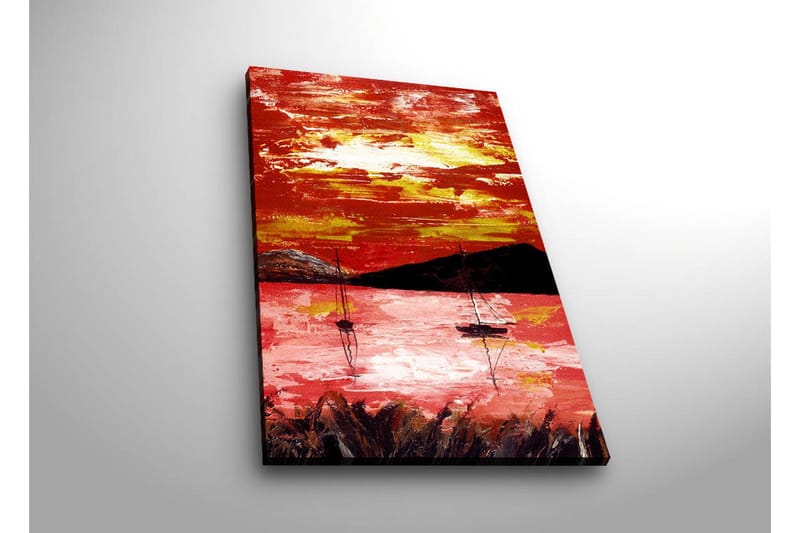 Lerretsbilde med LED-belysning 70x45 cm - Fargerik solnedgang over en innsjø med seilbåter - Rød / Oransje / Svart - Interiør - Maleri & posters - Lerretsbilder