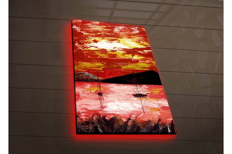 Lerretsbilde med LED-belysning 70x45 cm - Fargerik solnedgang over en innsjø med seilbåter - Rød / Oransje / Svart - Interiør - Maleri & posters - Lerretsbilder