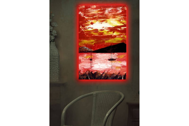 Lerretsbilde med LED-belysning 70x45 cm - Fargerik solnedgang over en innsjø med seilbåter - Rød / Oransje / Svart - Interiør - Maleri & posters - Lerretsbilder