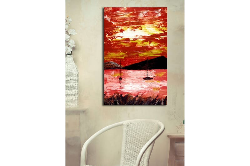 Lerretsbilde med LED-belysning 70x45 cm - Fargerik solnedgang over en innsjø med seilbåter - Rød / Oransje / Svart - Interiør - Maleri & posters - Lerretsbilder