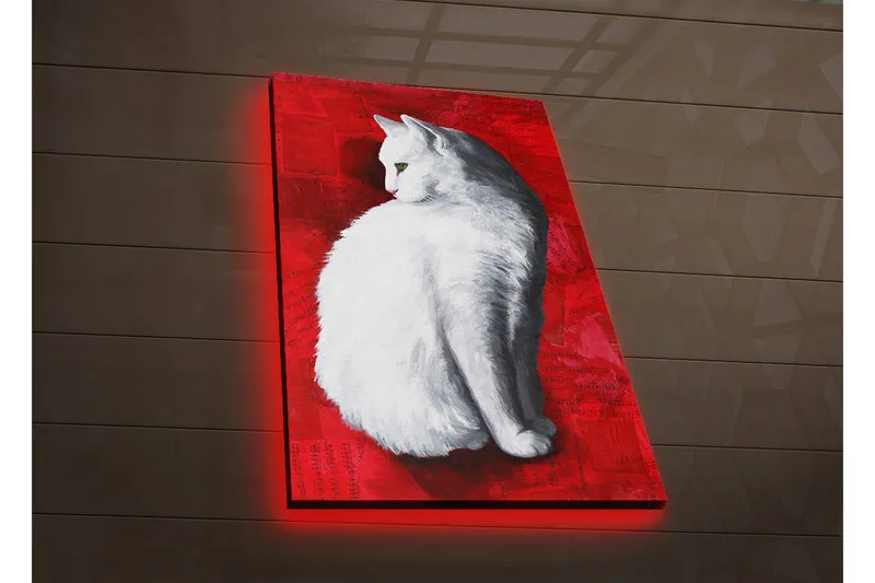 Lerretsbilde med LED-belysning 70x45 cm - Hvit katt på rød bakgrunn - Hvit / Rød - Interiør - Maleri & posters - Lerretsbilder