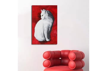 Lerretsbilde med LED-belysning 70x45 cm - Hvit katt på rød bakgrunn - Hvit / Rød - Interiør - Maleri & posters - Lerretsbilder