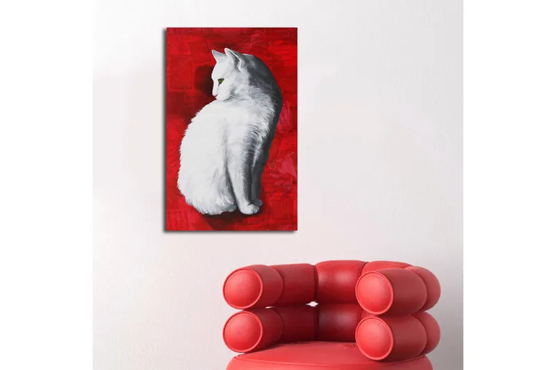 Lerretsbilde med LED-belysning 70x45 cm - Hvit katt på rød bakgrunn - Hvit / Rød - Interiør - Maleri & posters - Lerretsbilder