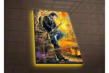 Lerretsbilde med LED-belysning 70x45 cm - Jazzmusiker som spiller saksofon med en livlig bakgrunn - Gul / Blå / Svart - Interiør - Maleri & posters - Lerretsbilder