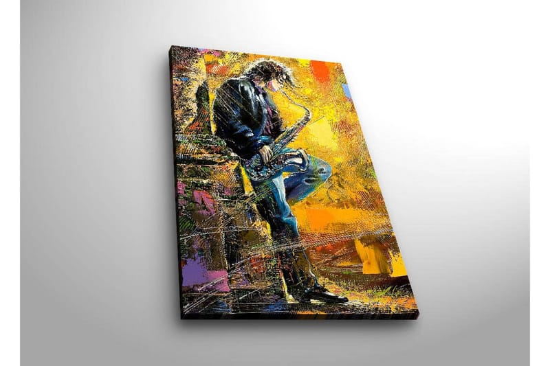 Lerretsbilde med LED-belysning 70x45 cm - Jazzmusiker som spiller saksofon med en livlig bakgrunn - Gul / Blå / Svart - Interiør - Maleri & posters - Lerretsbilder