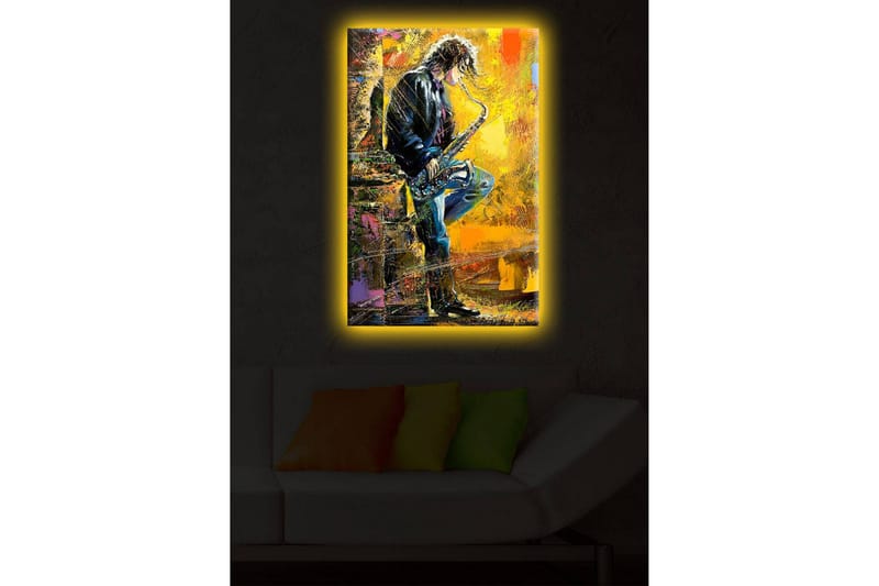 Lerretsbilde med LED-belysning 70x45 cm - Jazzmusiker som spiller saksofon med en livlig bakgrunn - Gul / Blå / Svart - Interiør - Maleri & posters - Lerretsbilder