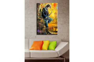 Lerretsbilde med LED-belysning 70x45 cm - Jazzmusiker som spiller saksofon med en livlig bakgrunn - Gul / Blå / Svart - Interiør - Maleri & posters - Lerretsbilder