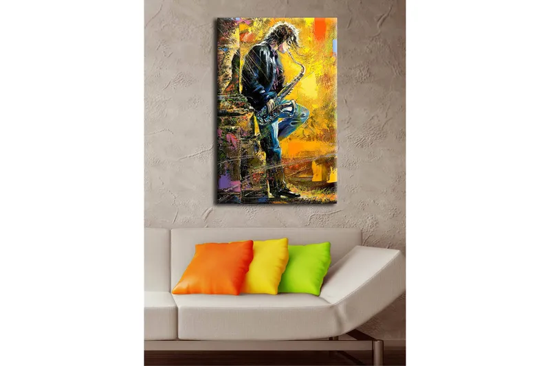 Lerretsbilde med LED-belysning 70x45 cm - Jazzmusiker som spiller saksofon med en livlig bakgrunn - Gul / Blå / Svart - Interiør - Maleri & posters - Lerretsbilder
