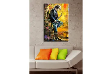 Lerretsbilde med LED-belysning 70x45 cm - Jazzmusiker som spiller saksofon med en livlig bakgrunn - Gul / Blå / Svart - Interiør - Maleri & posters - Lerretsbilder