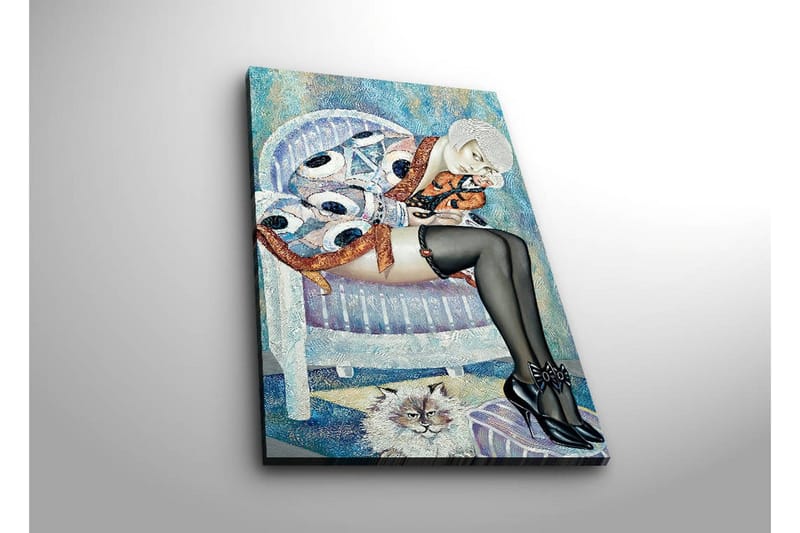 Lerretsbilde med LED-belysning 70x45 cm - Kvinnefigur i svart strømpebukse sittende på en stol med en katt ved føttene - Blå / Svart / Beige - Interiør - Maleri & posters - Lerretsbilder