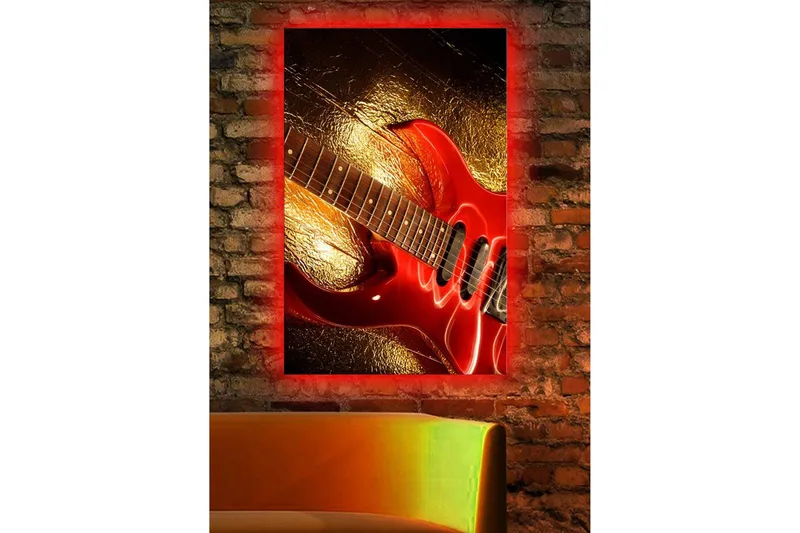 Lerretsbilde med LED-belysning 70x45 cm - Skinnende rød elektrisk gitar med gyllen bakgrunn - Rød / Gull - Interiør - Maleri & posters - Lerretsbilder