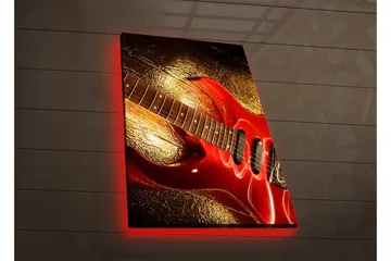 Lerretsbilde med LED-belysning 70x45 cm - Skinnende rød elektrisk gitar med gyllen bakgrunn - Rød / Gull - Interiør - Maleri & posters - Lerretsbilder