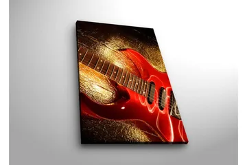 Lerretsbilde med LED-belysning 70x45 cm - Skinnende rød elektrisk gitar med gyllen bakgrunn - Rød / Gull - Interiør - Maleri & posters - Lerretsbilder