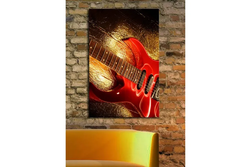 Lerretsbilde med LED-belysning 70x45 cm - Skinnende rød elektrisk gitar med gyllen bakgrunn - Rød / Gull - Interiør - Maleri & posters - Lerretsbilder
