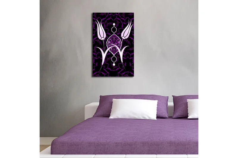 Lerretsbilde med LED-belysning 70x45 cm - Stiliserte blomster i kontrastfarger - Lilla / Hvit / Svart - Interiør - Maleri & posters - Lerretsbilder