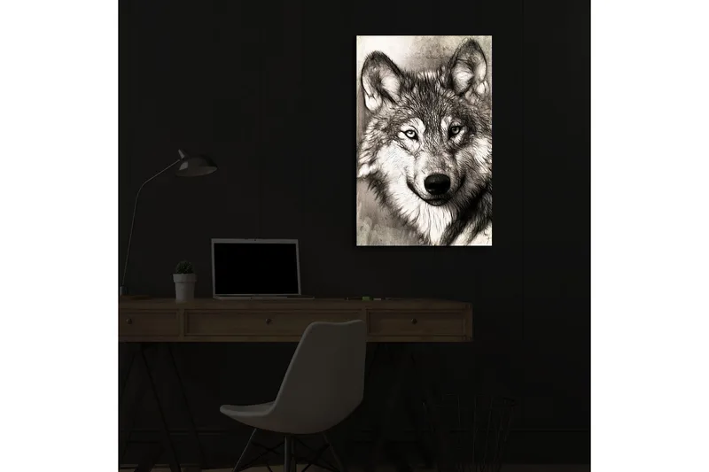 Lerretsbilde med LED-belysning 70x45 cm - Portrett av en ulv med uttrykksfulle detaljer - Svart / Grå / Hvit - Interiør - Maleri & posters - Lerretsbilder