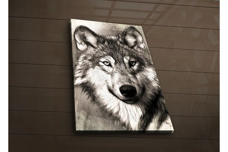 Lerretsbilde med LED-belysning 70x45 cm - Portrett av en ulv med uttrykksfulle detaljer - Svart / Grå / Hvit - Interiør - Maleri & posters - Lerretsbilder