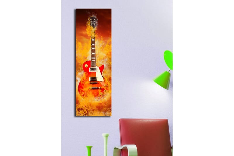 Lerretsbilde med LED-belysning 90x30 cm - Elektrisk gitar omgitt av flammende farger - Rød / Oransje / Gul - Interiør - Maleri & posters - Lerretsbilder