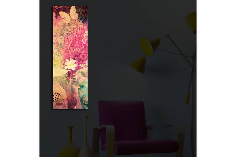 Lerretsbilde med LED-belysning 90x30 cm - Fargerik komposisjon av blomster og sommerfugler - Rosa / Grønn / Hvit - Interiør - Maleri & posters - Lerretsbilder